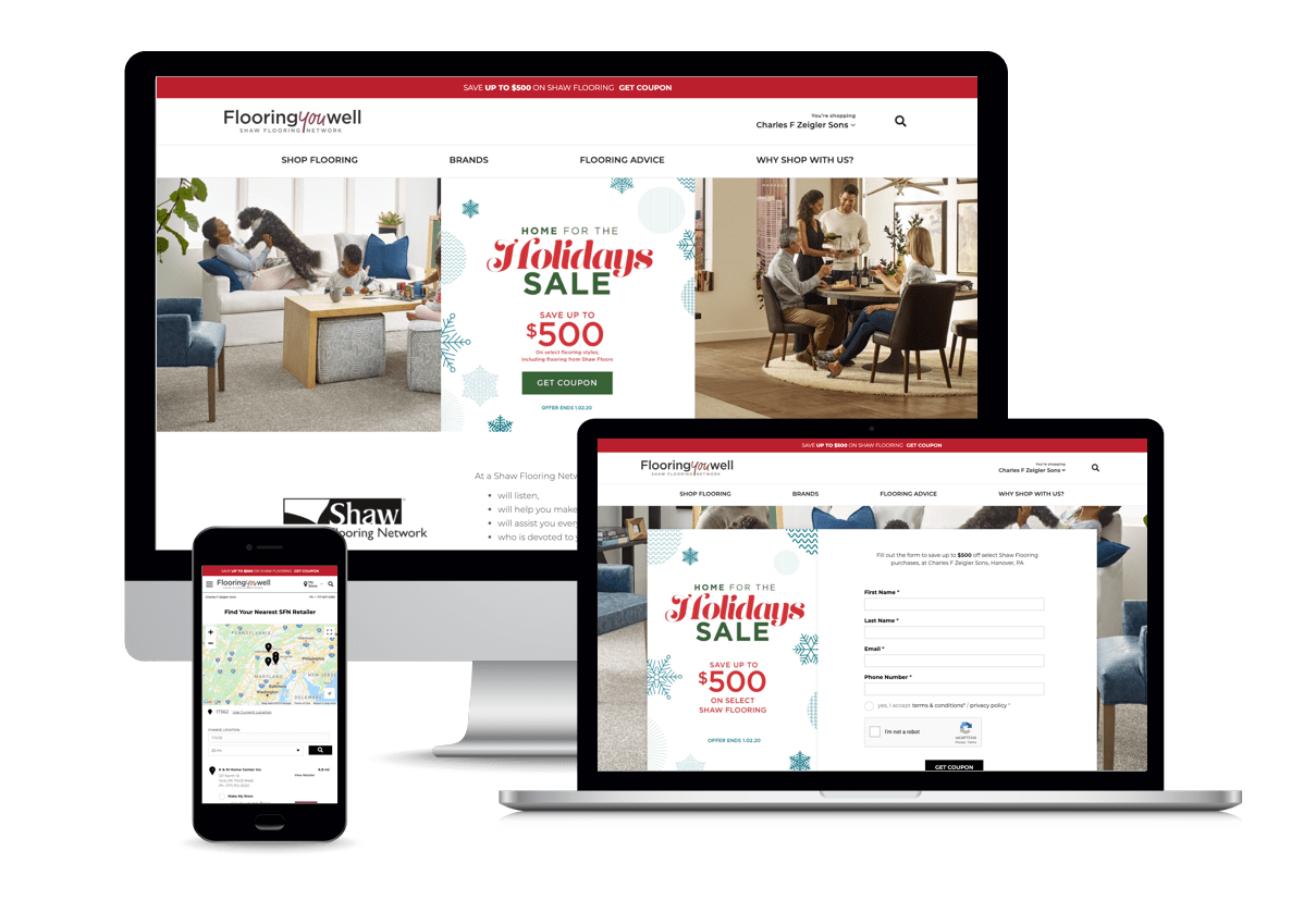 An image showcasing the FlooringYouWell website displayed across three devices: a desktop, a laptop, and a smartphone. The website features a holiday promotion offering up to $500 off Shaw Flooring products. The desktop screen shows the homepage with lifestyle imagery, navigation options for 'Shop Flooring,' 'Brands,' and 'Flooring Advice,' as well as a prominent coupon call-to-action. The laptop displays a form to claim the discount coupon, while the smartphone screen highlights a map feature for locating nearby Shaw Flooring Network retailers."