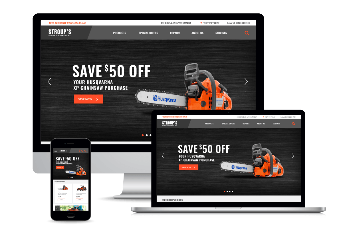 husq - Header.png: Responsive website design for Husqvarna displayed on desktop, laptop, and mobile devices, promoting a $50 discount on Husqvarna XP chainsaw purchases.