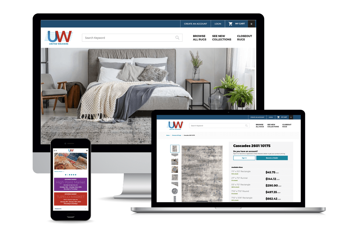 UnitedWeavers - Header.png: Responsive website design for United Weavers displayed on desktop, laptop, and mobile devices, showcasing rugs and room decor.