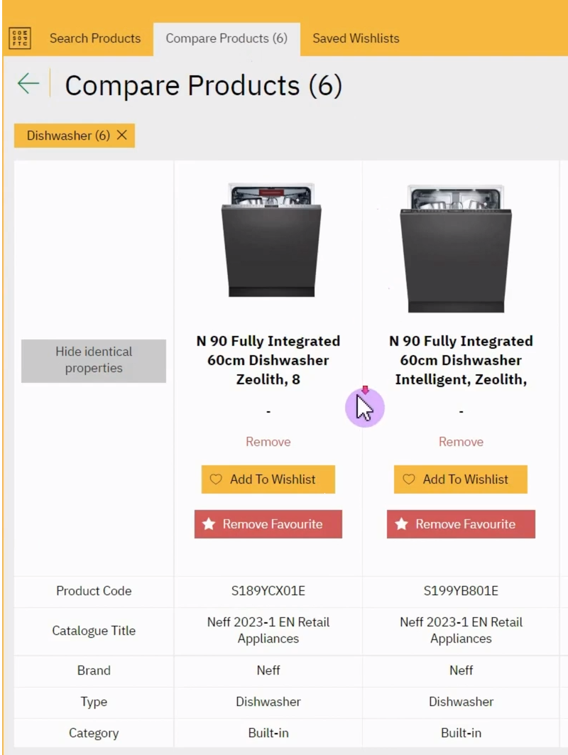 Product Navigator comparing multiple appliances side by side, with features like 'Add to Wishlist' and 'Remove Favorite' buttons under each item.