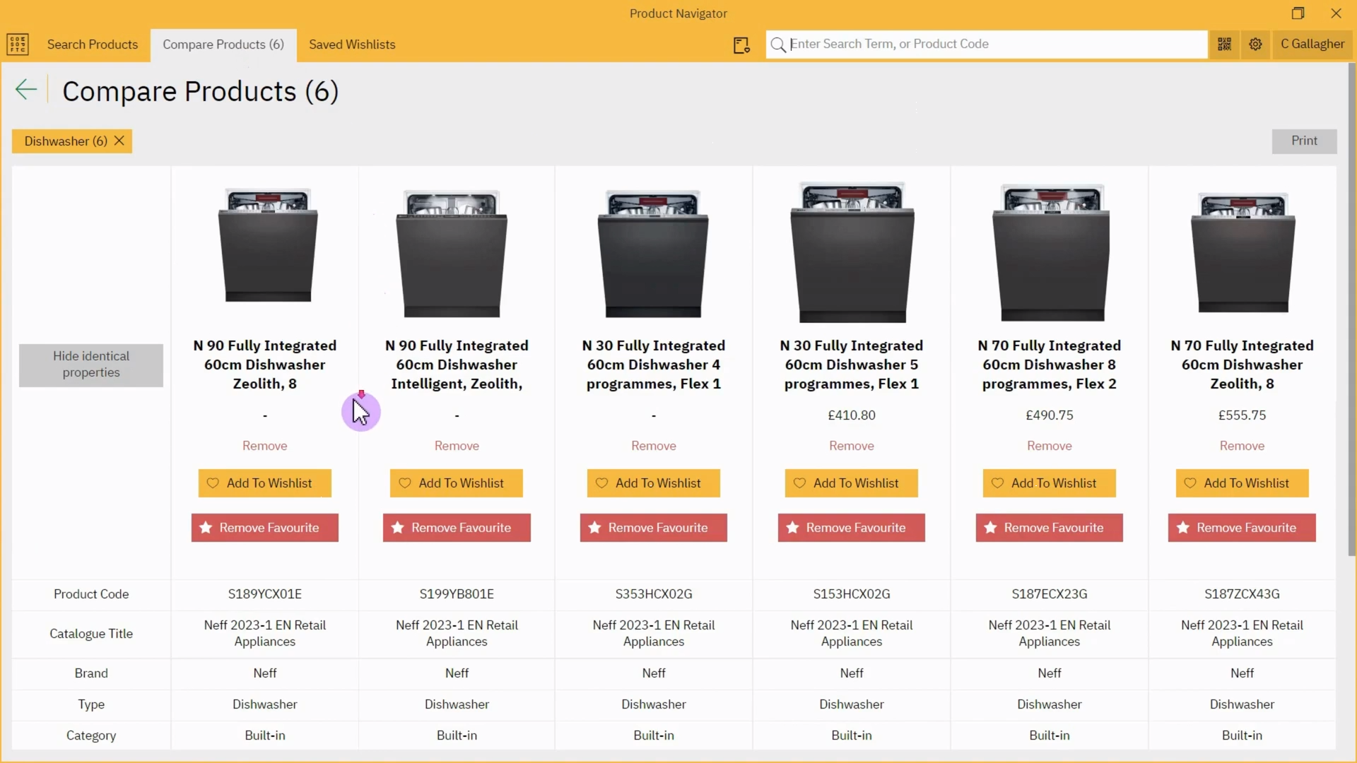 Product Navigator comparing multiple appliances side by side, with features like 'Add to Wishlist' and 'Remove Favorite' buttons under each item.