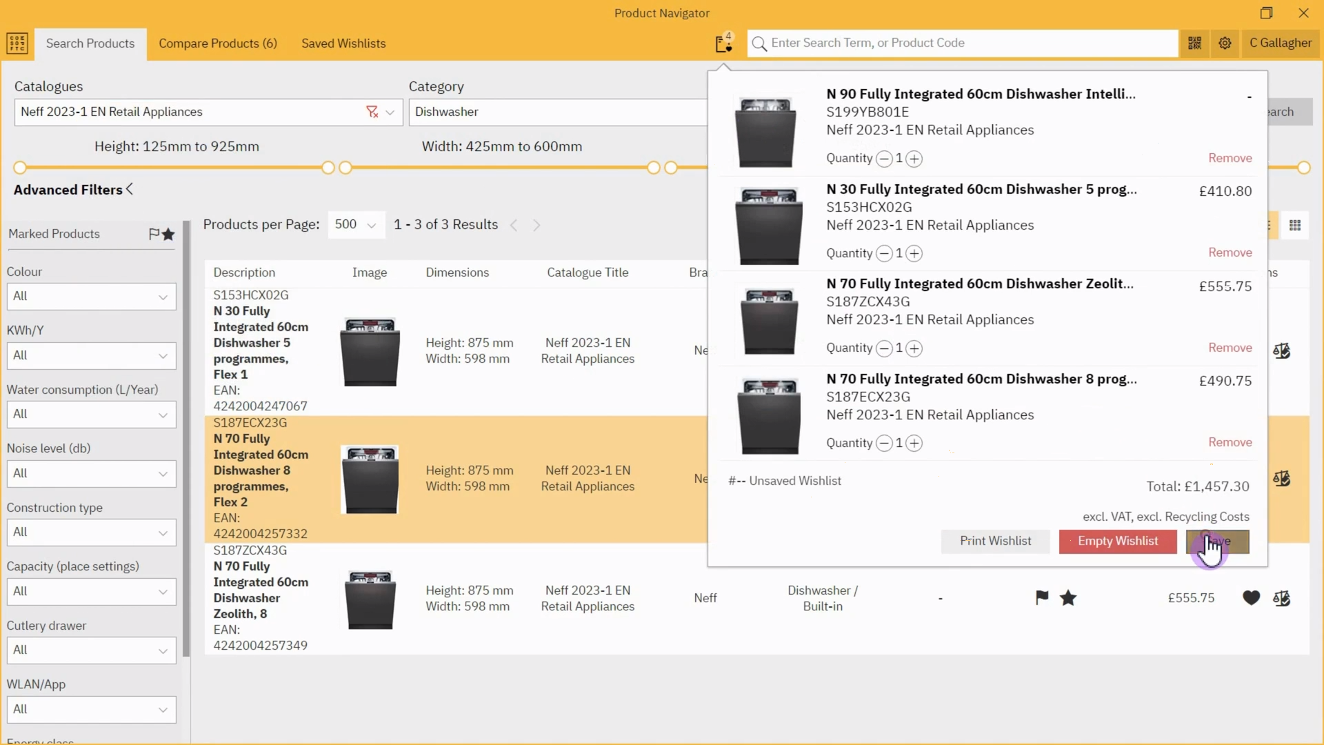 Product Navigator wishlist panel displaying saved products with quantities, prices, and options to remove or print the wishlist. The total price is shown at the bottom.