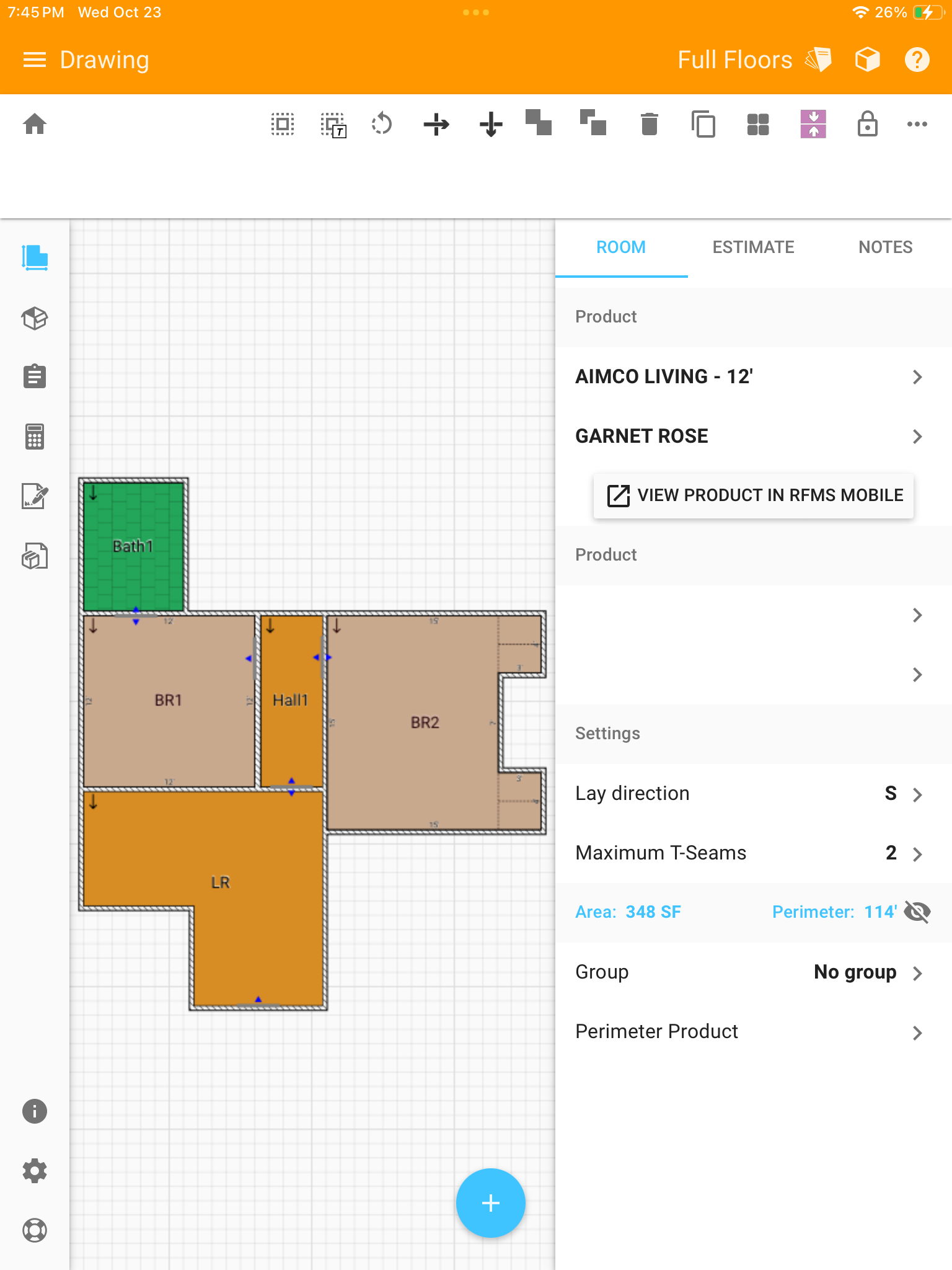 Screenshot of the RFMS Measure mobile app displaying a floor plan layout with labeled rooms like "Bath," "BR1," and "LR." The app shows tools for adjusting room measurements and applying product selections.