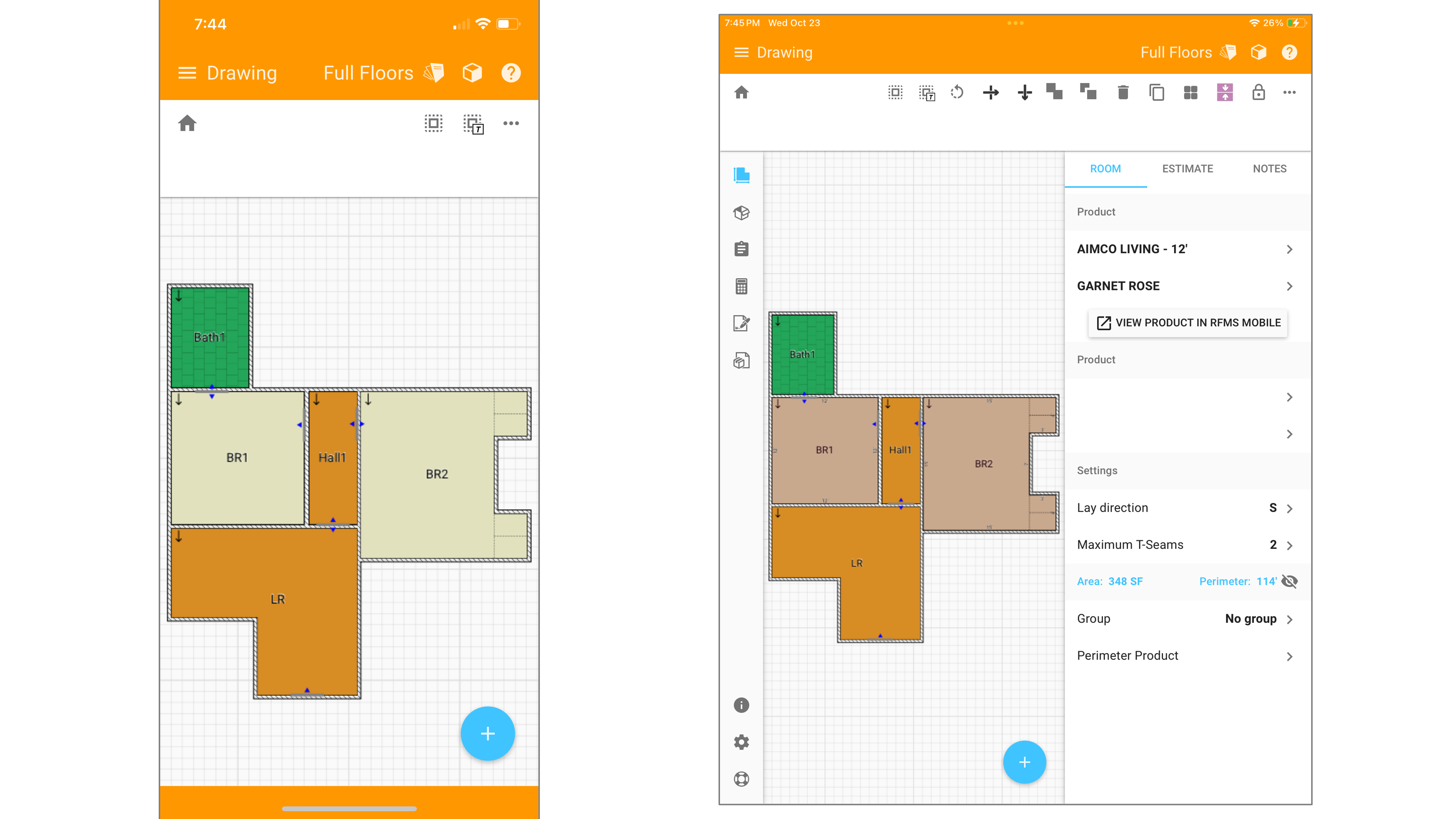 Screenshot of the RFMS Measure mobile app displaying a floor plan layout with labeled rooms like "Bath," "BR1," and "LR." The app shows tools for adjusting room measurements and applying product selections.