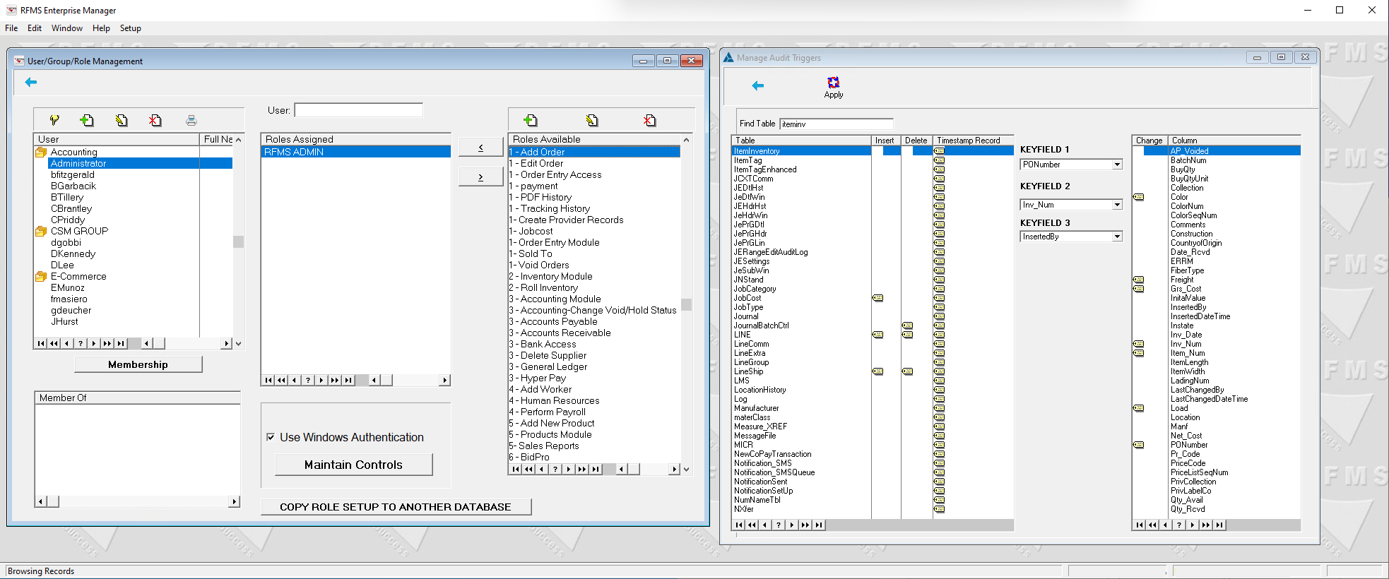 RFMS Enterprise Manager user and role management screen showing user lists and assigned roles. The interface allows admins to assign permissions for different roles, with audit triggers enabled for specific tables and fields.