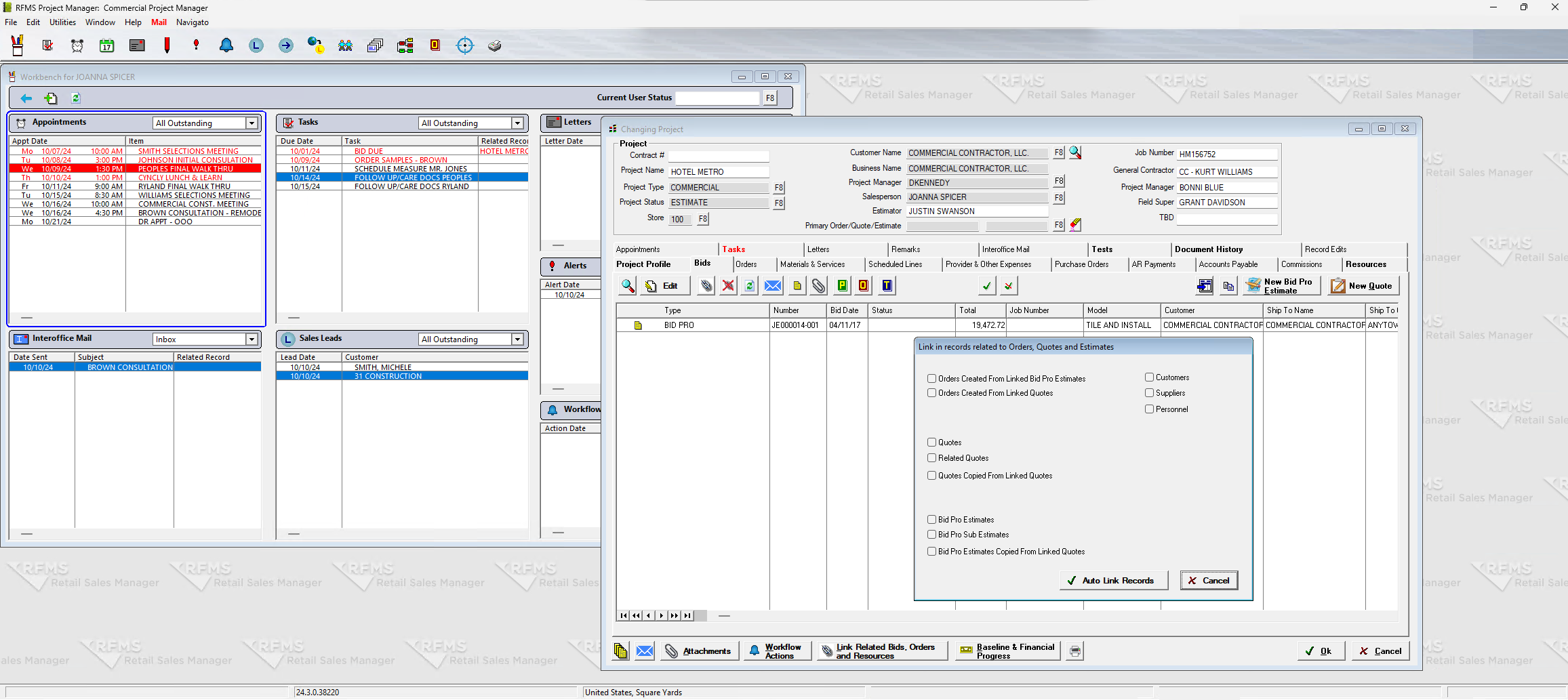 RFMS Project Manager screen showing project tasks, appointments, and resources for a commercial contractor job. The interface also includes document history and bid estimates linked to project orders and personnel records.