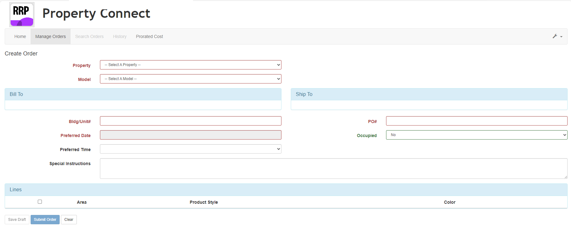 RFMS Property Connect module showing an order creation screen, with fields for property details, PO number, bill-to and ship-to information, and special instructions. Users can add product style and color options to the order.