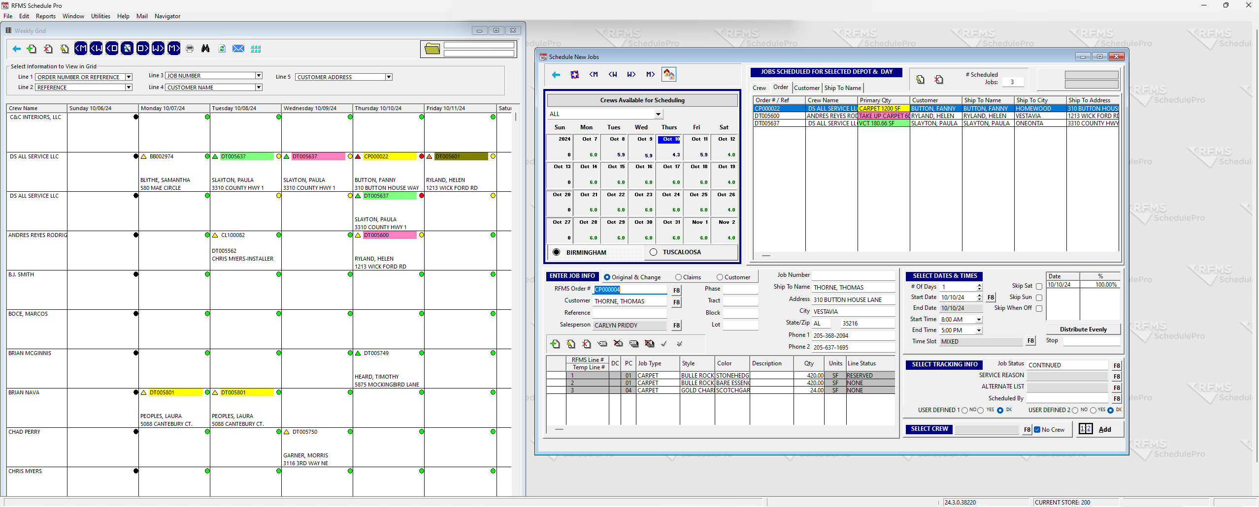 RFMS Schedule Pro interface displaying a weekly grid of scheduled jobs for various crews, with customer details, job locations, and scheduled times. The right panel allows users to assign crews and track job progress.