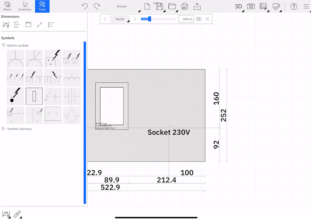 A detailed floor plan interface showing dimensions, electric symbols, and a wall with a labeled socket (230V) created using the Room Survey tool.