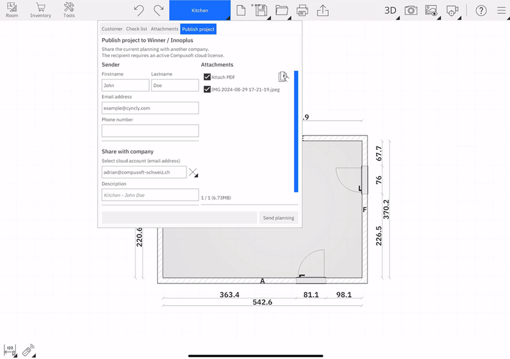 Room Survey interface displaying the export options for a kitchen project, with fields for sender details, cloud sharing, and attachment settings alongside a floor plan diagram.