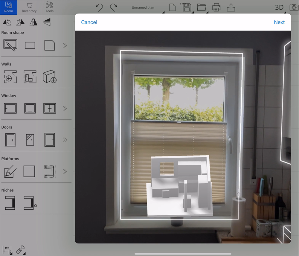 A kitchen window being scanned with the Room Survey tool, displaying a 3D model overlay for precision in capturing room dimensions.