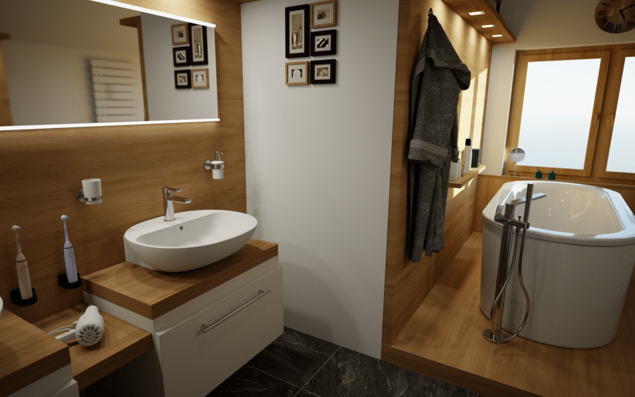 Contemporary bathroom with warm wood accents, a freestanding bathtub, and modern fixtures."