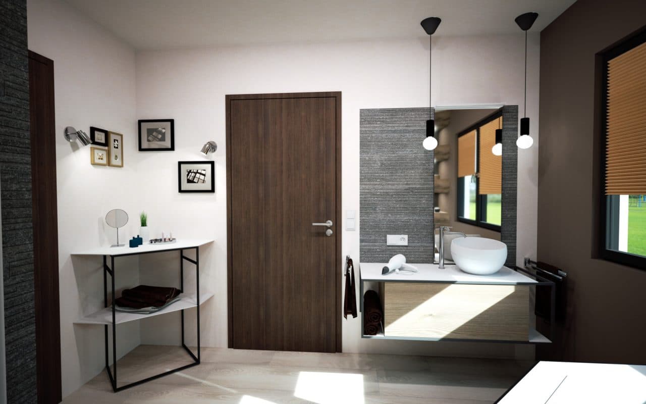 Bathroom featuring a wooden vanity with a round sink, framed by wall-mounted mirrors and modern light fixtures.