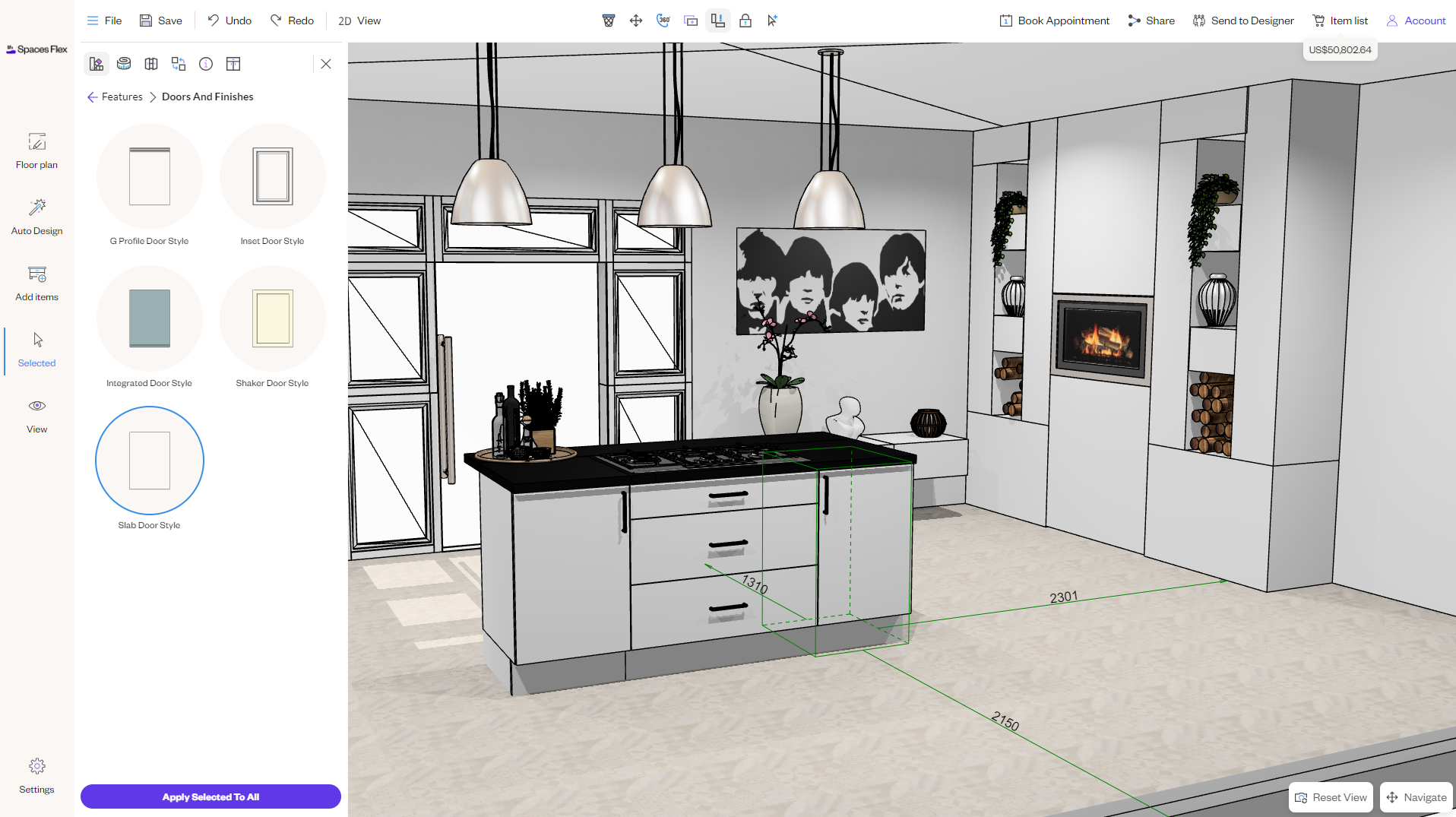 A Spaces Flex design interface showing a kitchen in 3D mode. The kitchen features an island with measurements displayed. The left panel shows options to change door styles, with slab, shaker, and integrated door styles listed. The Beatles artwork is visible on the wall in the background.