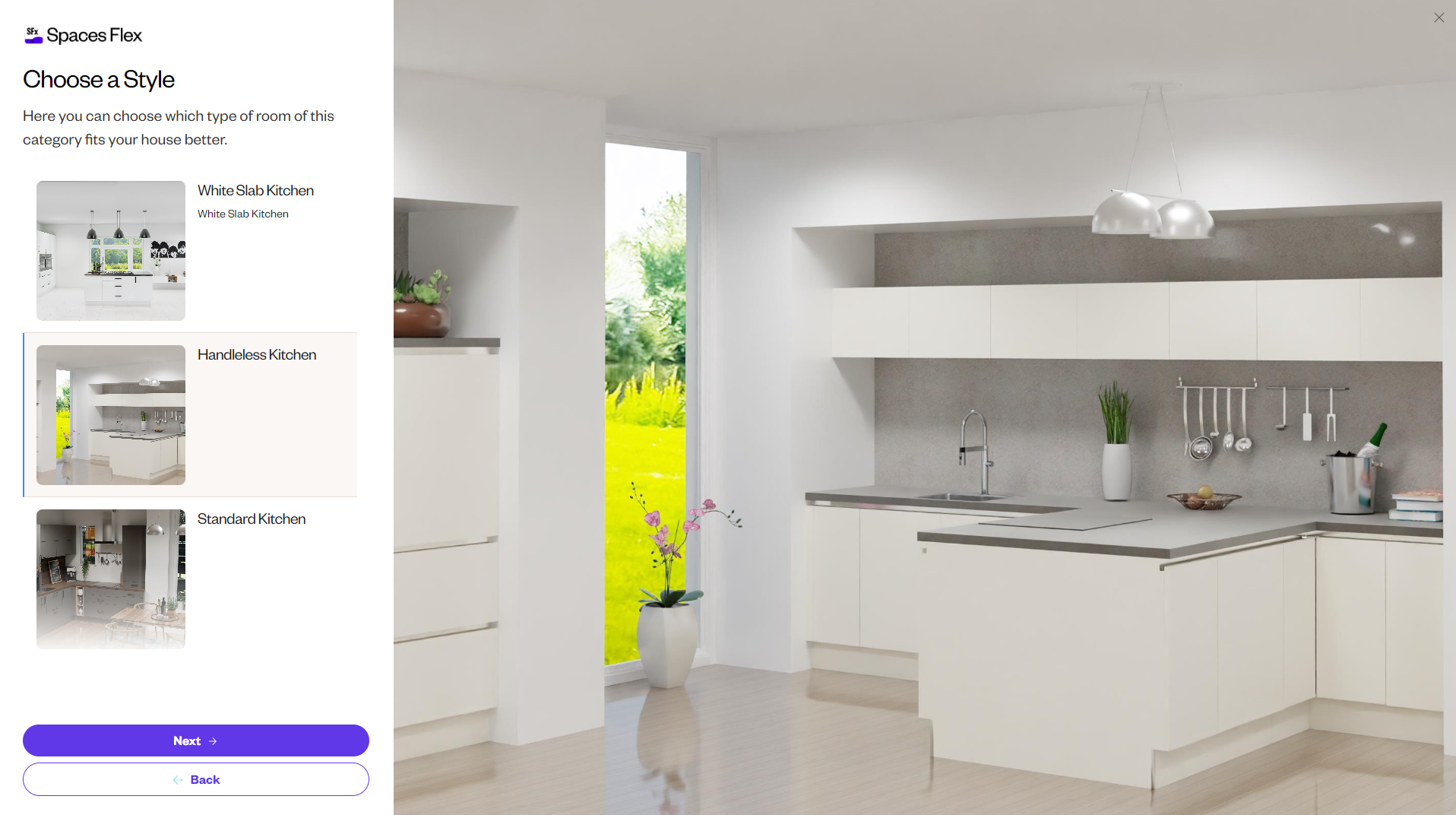 A Spaces Flex interface showing a style selection screen. Three kitchen styles are available to choose from: White Slab Kitchen, Handleless Kitchen, and Standard Kitchen, with the Handleless Kitchen style selected.