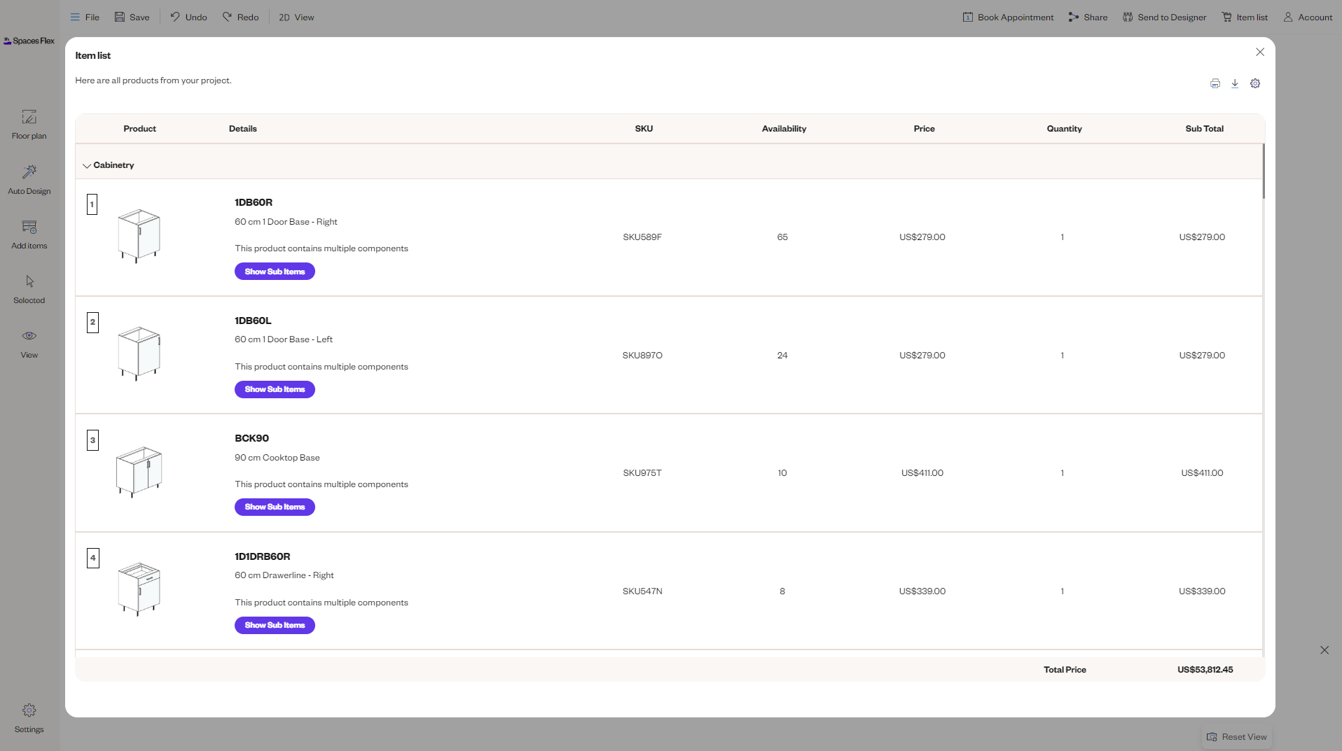 A product list interface in Spaces Flex showing cabinetry components for a kitchen project. Each item is listed with product details, SKU, availability, price, and quantity, along with a total project price at the bottom of the screen.