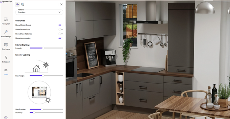 Spaces Flex interface showing a modern kitchen design with customization options for render quality, lighting adjustments, and display settings for dimensions, accessories, and sun position.