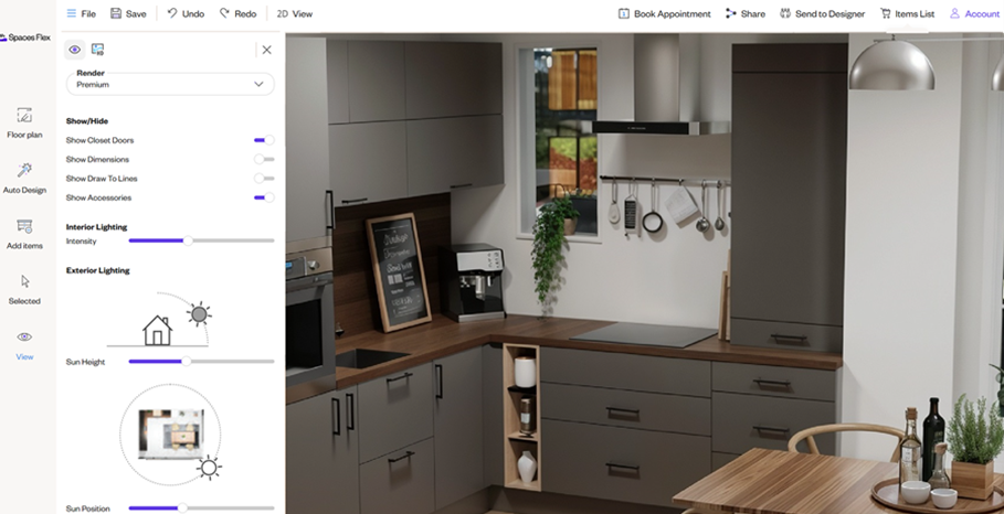 Spaces Flex interface showing a modern kitchen design with customization options for render quality, lighting adjustments, and display settings for dimensions, accessories, and sun position.