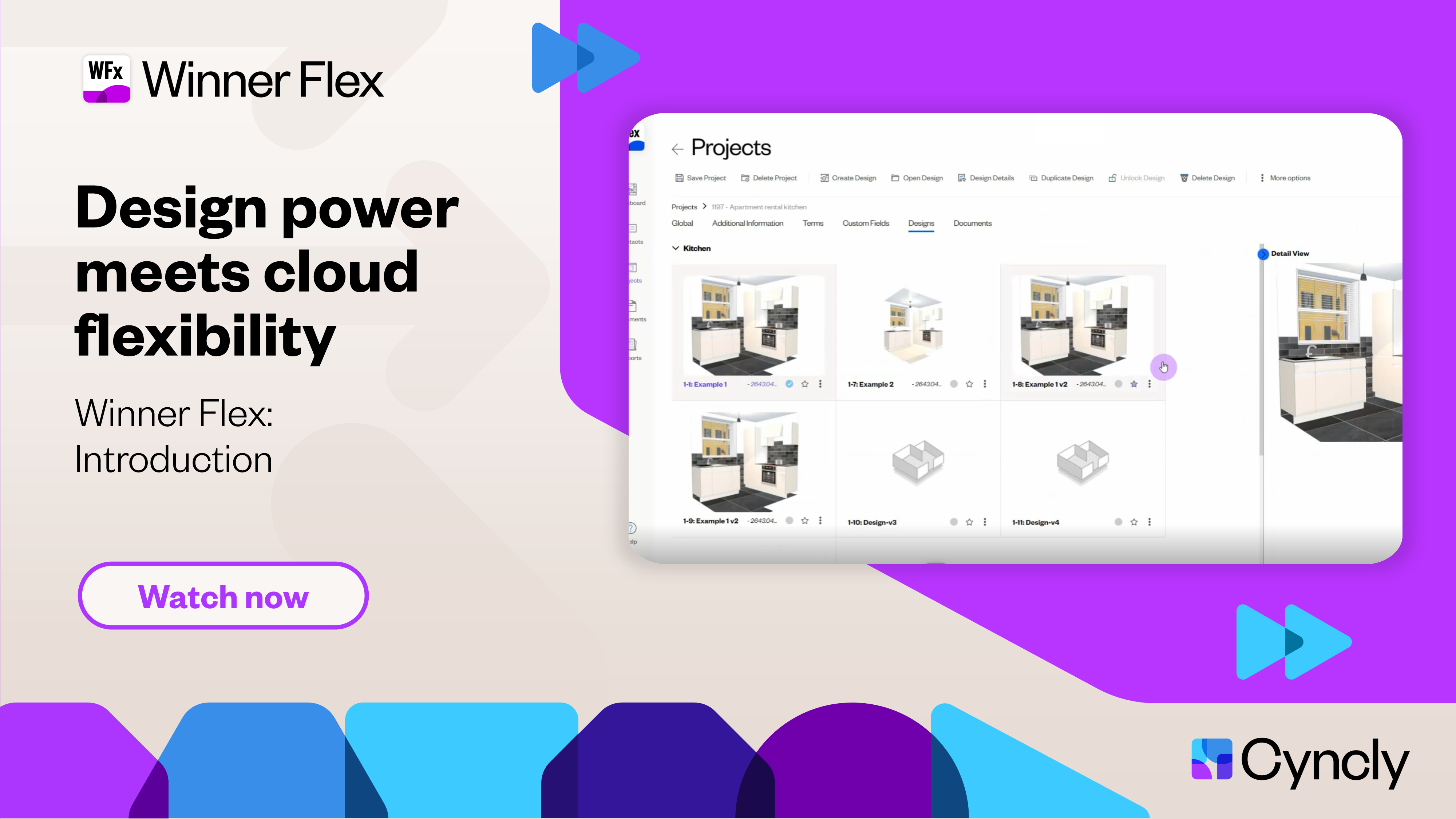 Promotional image for Winner Flex showcasing the tagline 'Design power meets cloud flexibility' with a preview of the software's project design interface. The interface displays multiple kitchen design thumbnails with a detailed view on the side.